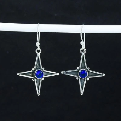 925 Sterling Silver Blue Tanzanite Gemstone Handmade Jewelry Earring Size-1.5" - Image 1 of 4