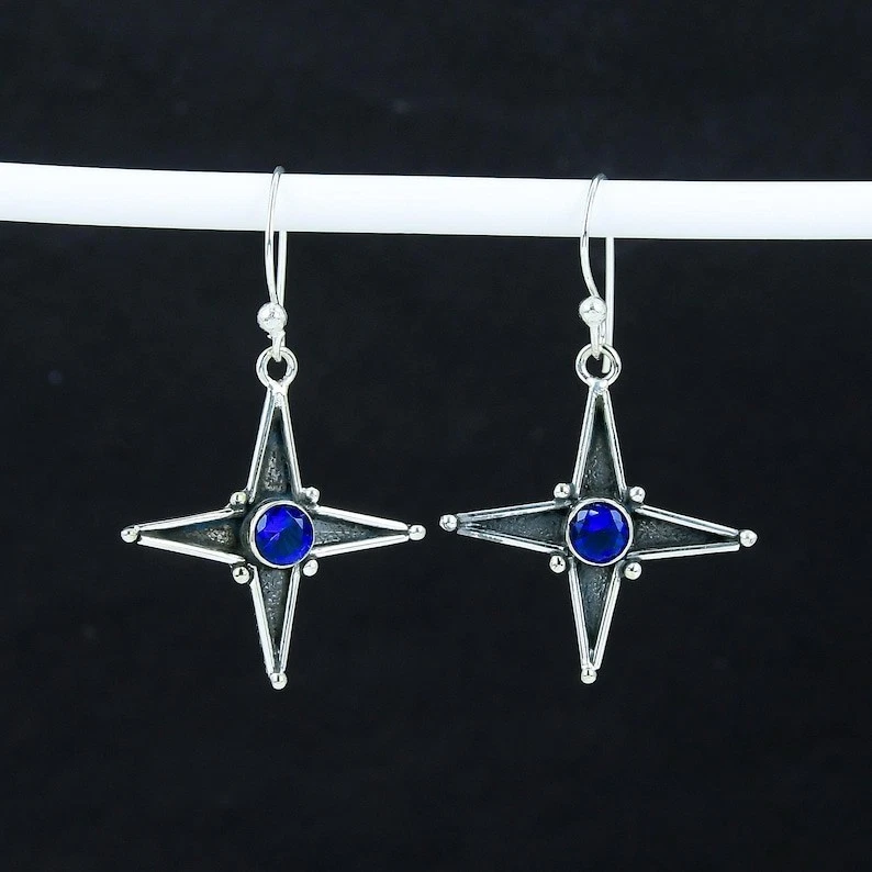 925 Sterling Silver Blue Tanzanite Gemstone Handmade Jewelry Earring Size-1.5" - Image 1 of 4