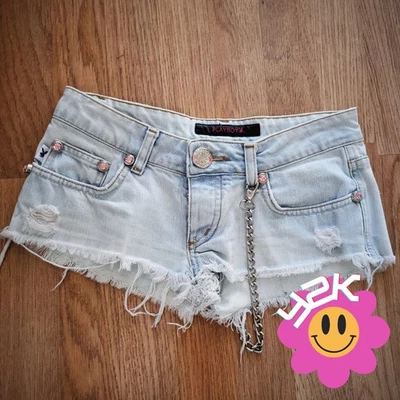 RARE Vintage 90s Playboy Sports Distressed Denim Cutoff Shorts Rhinestone Chain - Image 1 of 4