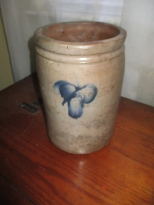 Antique Pottery Salt Glaze Crock with Blue Fruit 10" Tall - Image 1 of 4