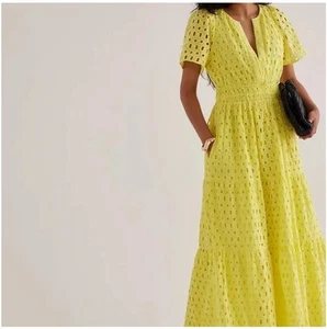 ANTHROPOLOGIE SOMERSET EYELET EDITION PLEATED TIERED MAXI Yellow DRESS NWT - Picture 1 of 3