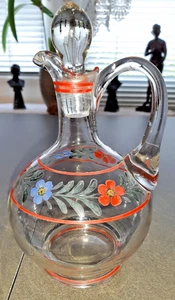 Art Deco Glas Karaffe Handbemalt Handarbeit Blumendecor Blumen 50er Jahre - Bild 1 von 8