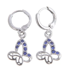 Pretty New 14K White Gold Filled Blue Sapphire CZ Butterfly Dangle Earrings - Picture 1 of 4