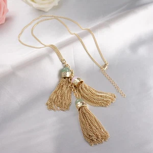 Haute Couture Gold Plated Gemstone Long Tassel Necklace Jade & Rose Quartz - Picture 1 of 5