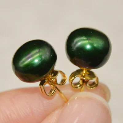 Genuine Natural Peacock Green Akoya Freshwater Pearl Stud Earrings 9-10/10-11mm - Image 1 of 4
