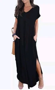 Grecerelle Split Maxi Dress Small Black POCKETS Stretch Minimalist Short Sleeved - Picture 1 of 13