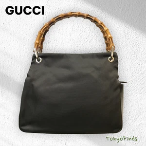 GUCCI Old Bamboo Nylon Handbag Black 000-1014-0575 Top Handle Purse - Picture 1 of 7