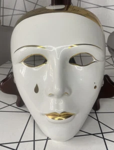 Vintage White & Gold Ceramic Pierrot Wall Mask Retro  - Picture 1 of 16