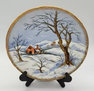 Vintage Norleans Japan Decorative Porcelain Plate Winter Barn Scene 8" - Picture 1 of 3