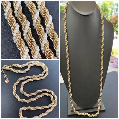 复古 Charter Club 白色珍珠厚绳链项链金色 36 英寸 — 第 1/4 张图片