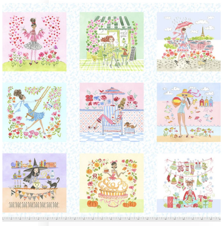 Anne Keenan Higgins Calendar Girls All Year Cotton Fabric by The Panel - Image 1 of 1