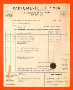 PARIS ( X° ) PARFUMERIE LT PIVER / ETS BOURASSIN GIEN ( 45 ) FACTURE 1953 - Picture 1 of 1