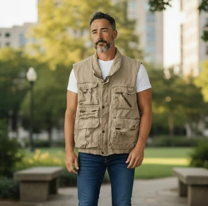 Vintage Saugatuck Medium Beige Snap Zip Front Cargo Pockets Safari Vest Size M - Picture 1 of 11
