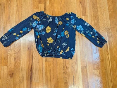Old Navy Girls Top Large 10/12 Blue Floral Pullover Long Sleeve Front Tie Knot - Image 1 of 4