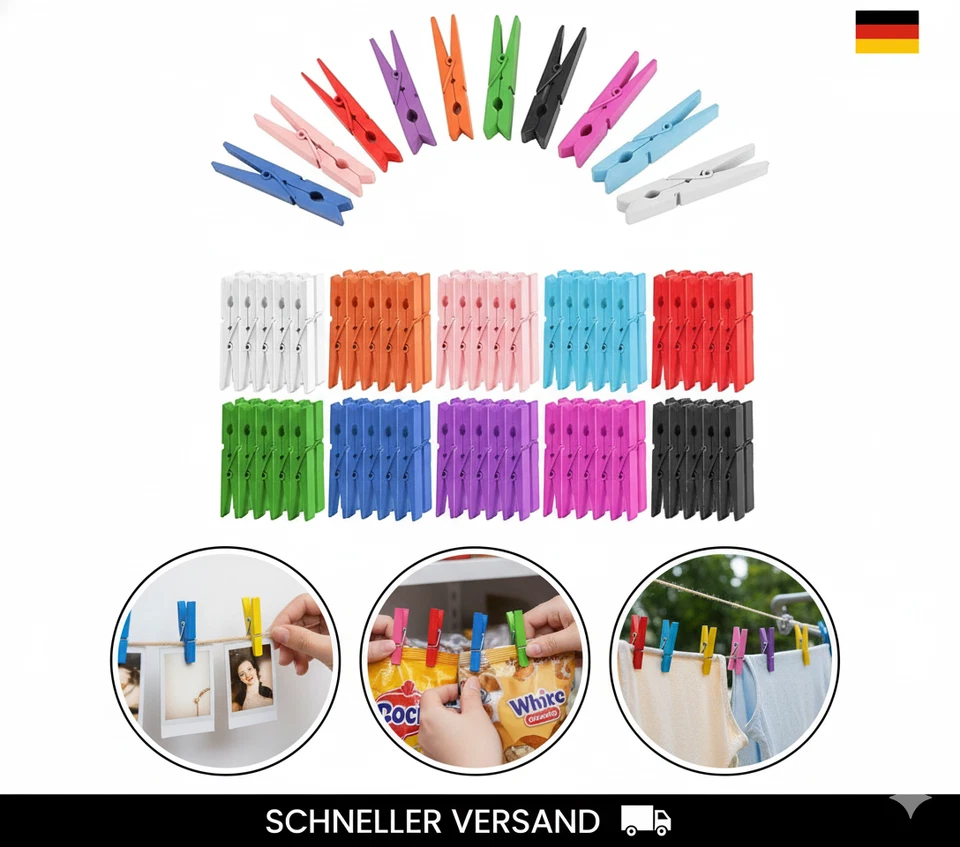 100 Stück Wäscheklammern Holz 7,3 Cm,10 Farben Holzklammern Bunt Holzwäschekl - Bild 1 von 1