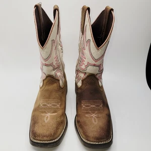 Shyanne Little Girls Youth Cowboy Boots Size 1D Brown Pink Western Square Toe - Picture 1 of 12