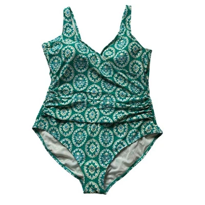 Boden Talamanca Green Geometric Print One Piece Swimsuit Sz 16/ 18 Built In Bra - Image 1 of 4