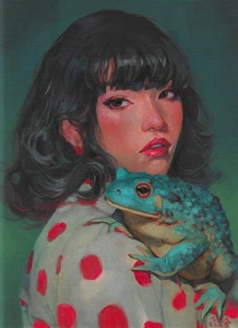 original painting 30 x 40 cm 169ShAn artwork oil paints girl&frog portrait - Picture 1 of 4
