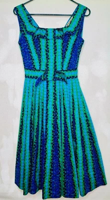 Neiman Marcus Boho Women's Sleeveless Midi Dress Vintage Floral Bow Blue Green - Image 1 of 4