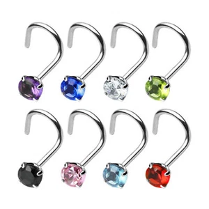 Nose Piercing Stud with Prong Set Round 2mmCZ - 0.8mm or 1mm 316L Steel - Picture 1 of 4