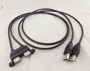 1x Dual USB 2.0 Male to Female Extension Cable with Screw Panel Mount Holes 90cm - Picture 1 of 9