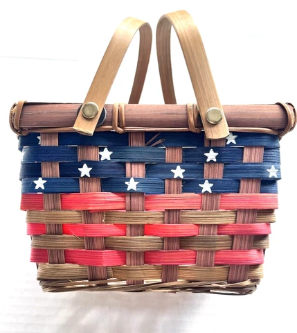 Patriotic Woven Basket with handles plus Red White Blue Star Scarf Cover