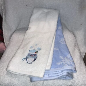 Sears Color mate  winter Holiday Owls 2 piece white / blue Towel set￼ - Picture 1 of 5