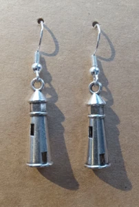 Silver Plated Lighthouse Hypoallergenic Earrings, Pierced, Nautical Island Beach - Picture 1 of 6