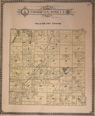 Old 1913 Plat Atlas Map ~ RIB LAKE Twp., TAYLOR Co., WISCONSIN - WOOD LAKE - Image 1 of 2