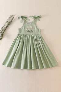 Petal & Pine Girl's Boutique Sage Green Floral Embroidered Linen Ruffle Dress Ma - Picture 1 of 7