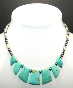 Southwestern Running Bear Shop 925 Sterling Turquoise Beaded Fringe Bib Necklace - Picture 1 of 10