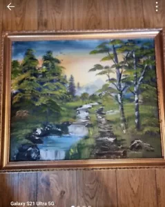 Vintage Oil Painting Signed Original Waterfall Landscape Wood Framed Décor Displ - Picture 1 of 14