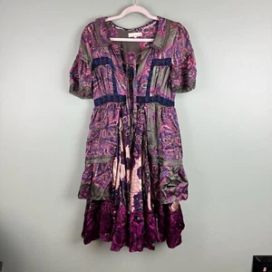 Odd Molly Y2K Seide Paisley Kleid Damen Gr. 1 (passt SM) Lila Rosa Kurzarm - Bild 1 von 11