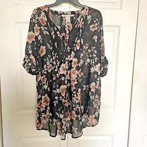 American Rag Cie Shirt Women XXL Black Floral Whimsigoth Semi Sheer Button Up - Picture 1 of 9