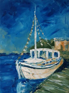 Segelboot Original Gemälde Meereslandschaft Kunst Teig Malerei 16 x 12 Strandkunst. - Bild 1 von 7