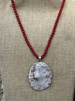 Collana Con Cammeo Sardonico , Collana Con Pasta Corallo , Collana In Argento925 - Immagine 1 di 3