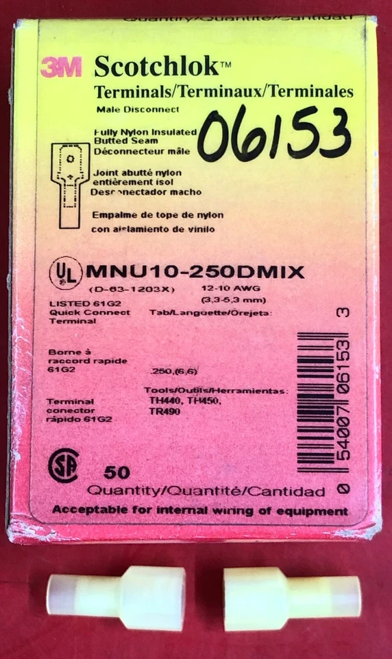 BOX OF (50) 3M SCOTCHLOK MNU10-250DMIX NYLON INSULATED TERMINALS 12-10 AWG 06153 - Image 1 of 4