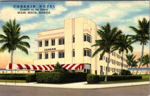 MIAMI BEACH, FLORIDA - HOTEL CORSAIR - POSTAL PUBLICITARIA DE LINO VINTAGE - Imagen 1 de 2