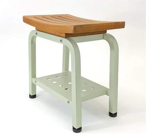 Bali Shower Bench Teak & Aluminum Bath Stool Chair Side Table Light Sage - Picture 1 of 5