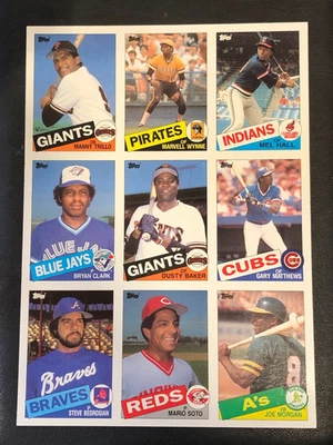 1985 Topps Baseball RARE! Trading Card Uncut 9 Card Panel Sheet - Image 1 of 2