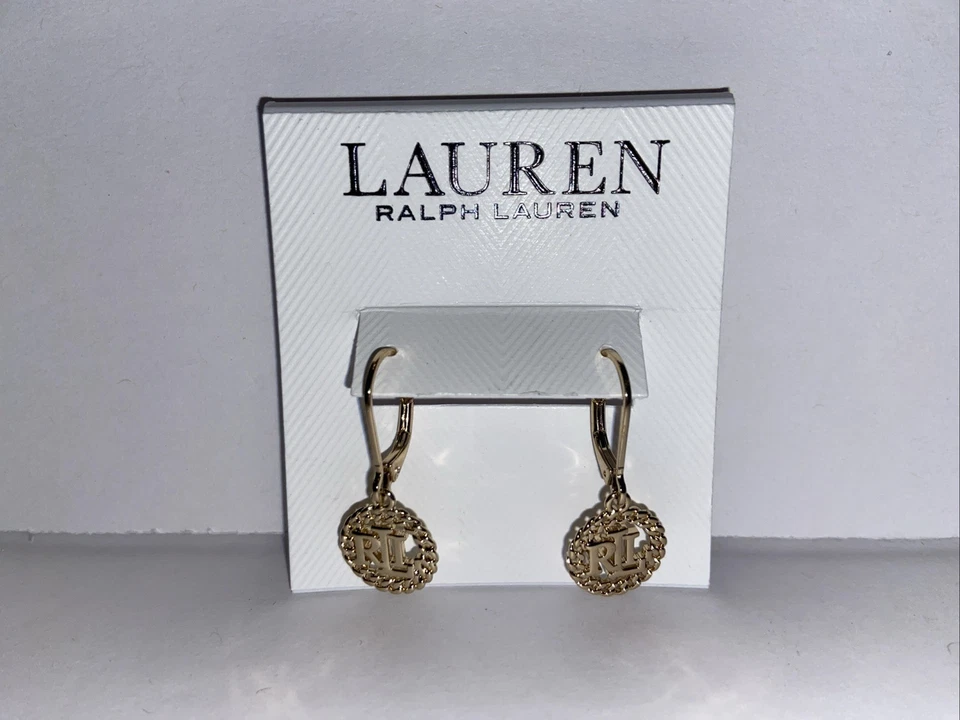 Lauren Ralph Lauren Gold Tone Chain Framed RLL Logo Drop Earrings