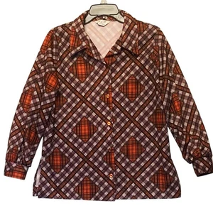 MLM vintage 1970's Multicolor Plaid button front polyester Shirt size Large - Picture 1 of 7
