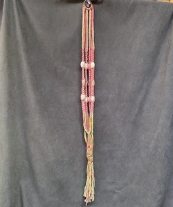 Vtg Macrame Hanging Plant Holder Pink & Green Boho Wooden Beads Hippie 46” Long - Picture 1 of 4