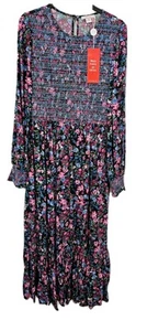 Finery Midi Dress Pink Floral Size UK 12 Smocked Front And Cuffs Layered New - Picture 1 of 7