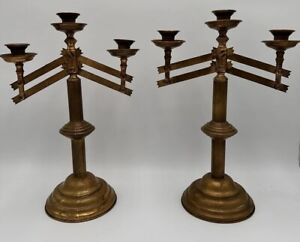 Vintage Pair Brass Candelabra Church Candle Holder With Adjustable Arms Set Of 2