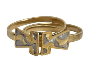 Vintage Gold Tone Coil Belt w/ Silver and Gold Geometric Buckle - Picture 1 of 5
