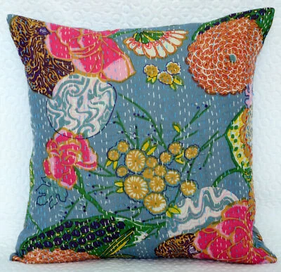 16'' INDIAN CUSHION COVER PILLOW CASE KANTHA WORK FLORAL ETHNIC THROW DECOR ART - Image 1 of 4