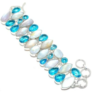 Rainbow Fire Opal, Blue Topaz Gemstone 925 Sterling Silver Bracelet 7-8" c149 - Picture 1 of 6