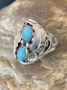 Blue Kingman Turquoise 2 Stone Navajo Sterling Silver Ring Size 10.5 14170 - Picture 1 of 12