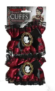 2 x Polsino Rosso Vittoriano Steampunk Pizzo con Raso, Accessorio Costume Vampiro - Foto 1 di 7